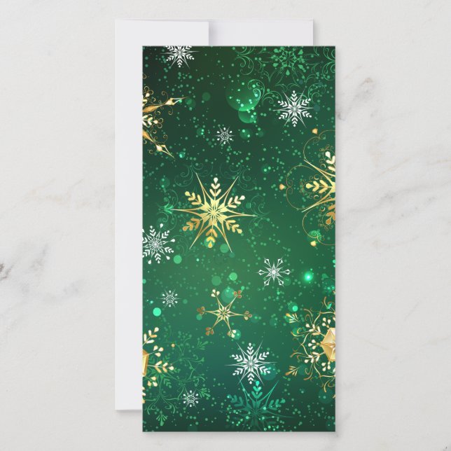 Xmas Golden Snowflakes on Green Background Holiday Card (Front)