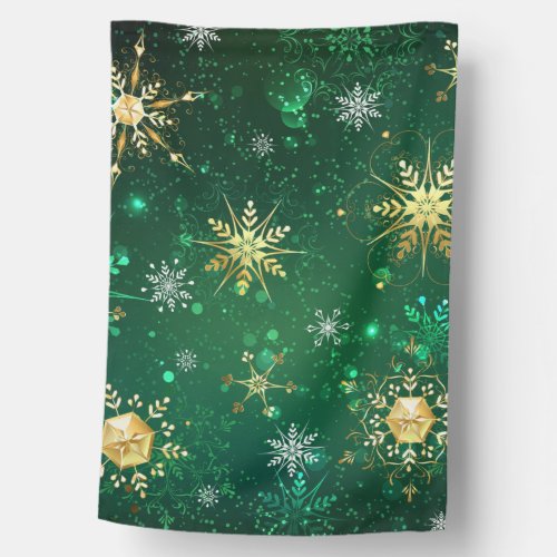 Xmas Golden Snowflakes on Green Background House Flag