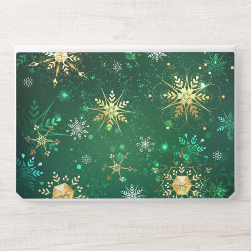 Xmas Golden Snowflakes on Green Background HP Laptop Skin