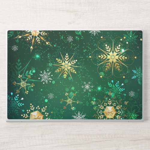 Xmas Golden Snowflakes on Green Background HP Laptop Skin