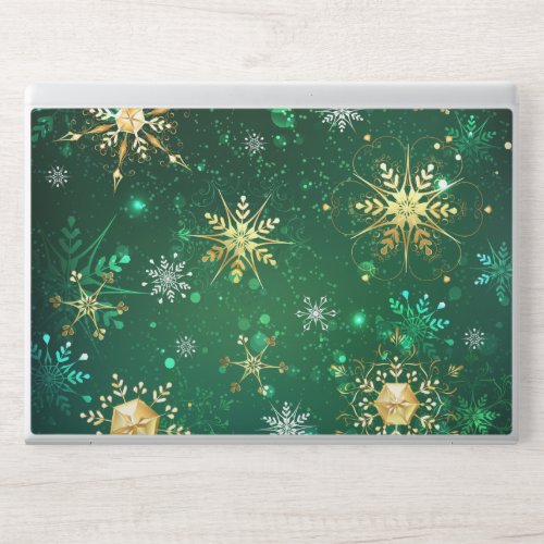 Xmas Golden Snowflakes on Green Background HP Laptop Skin