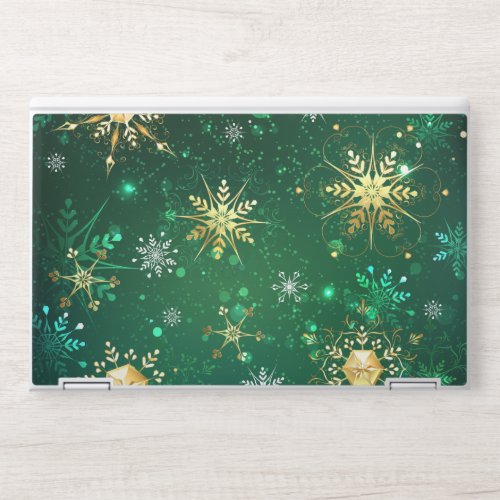 Xmas Golden Snowflakes on Green Background HP Laptop Skin