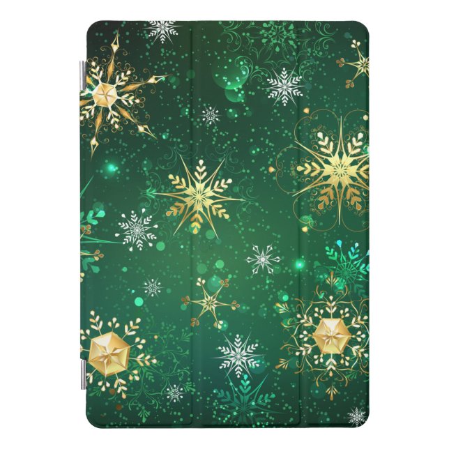Xmas Golden Snowflakes on Green Background iPad Pro Cover (Front)