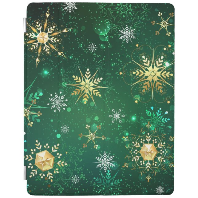 Xmas Golden Snowflakes on Green Background iPad Smart Cover (Front)
