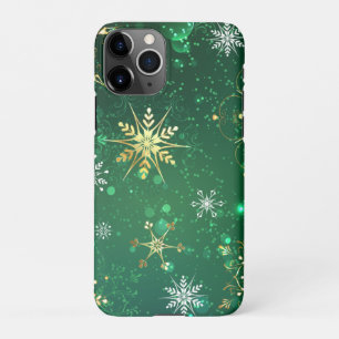 Xmas Golden Snowflakes on Green Background iPhone 11Pro Case