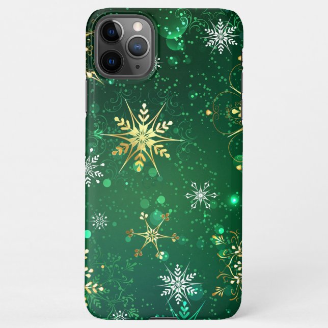 Xmas Golden Snowflakes on Green Background iPhone Case (Back)