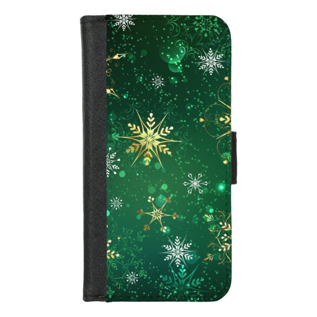 Xmas Golden Snowflakes on Green Background iPhone Wallet Case (Front)