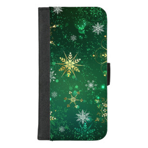 Xmas Golden Snowflakes on Green Background iPhone 8/7 Plus Wallet Case