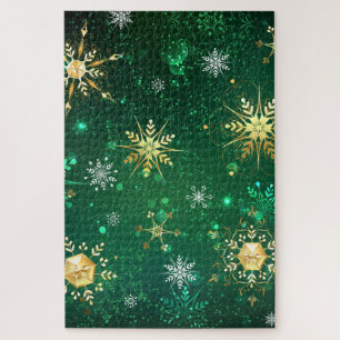 Xmas Golden Snowflakes on Green Background Jigsaw Puzzle