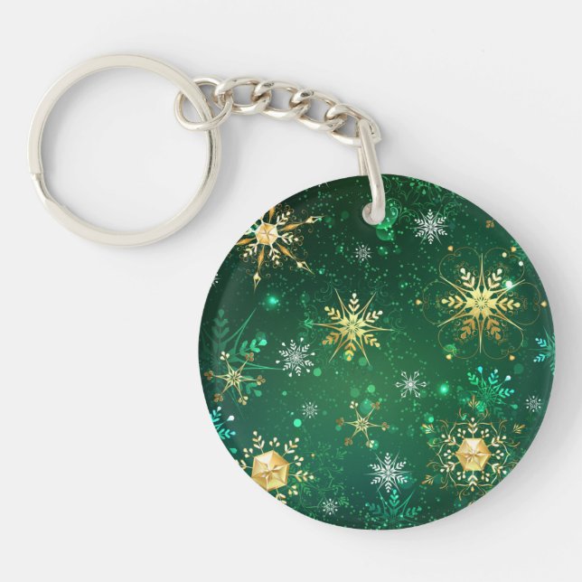 Xmas Golden Snowflakes on Green Background Keychain (Front)