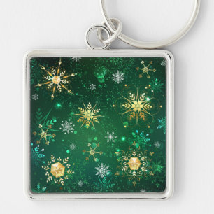 Xmas Golden Snowflakes on Green Background Keychain