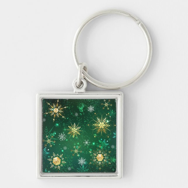 Xmas Golden Snowflakes on Green Background Keychain (Front)