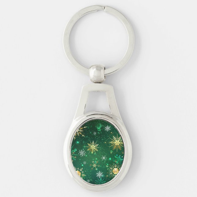 Xmas Golden Snowflakes on Green Background Keychain (Front)