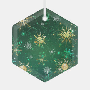 Xmas Golden Snowflakes on Green Background Label Glass Ornament