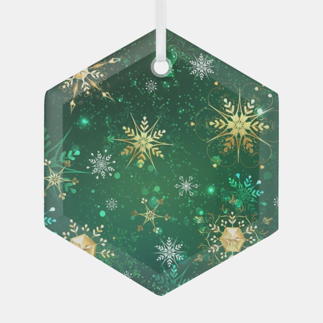 Xmas Golden Snowflakes on Green Background Label Glass Ornament (Front)