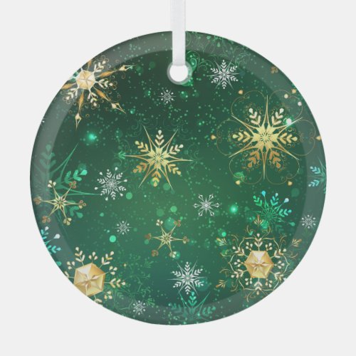 Xmas Golden Snowflakes on Green Background Label Glass Ornament