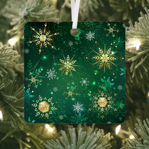 Xmas Golden Snowflakes on Green Background Label Metal Ornament