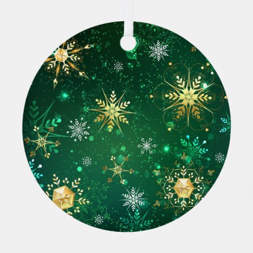 Xmas Golden Snowflakes on Green Background Label Metal Ornament