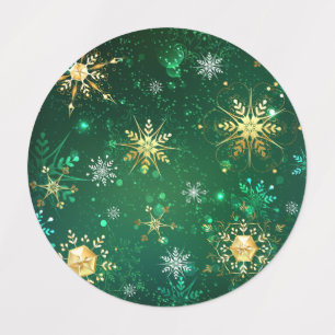 Xmas Golden Snowflakes on Green Background Labels
