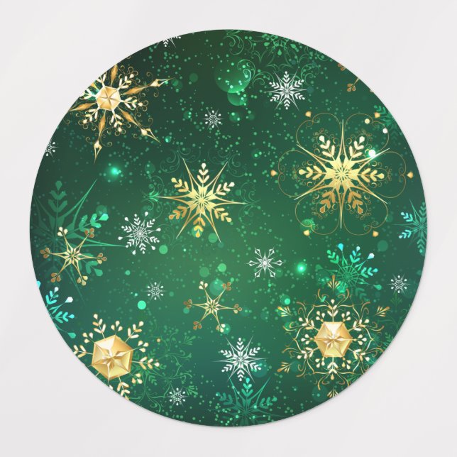 Xmas Golden Snowflakes on Green Background Labels (Design 1)