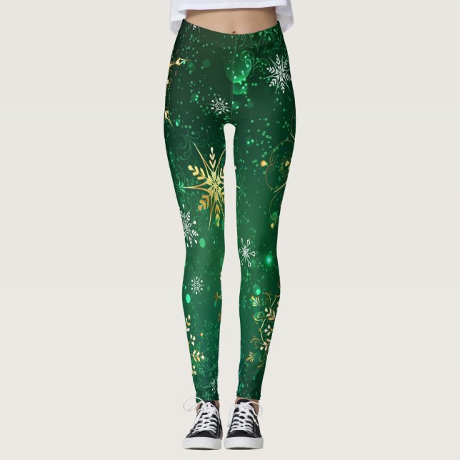Xmas Golden Snowflakes on Green Background Leggings (Front)