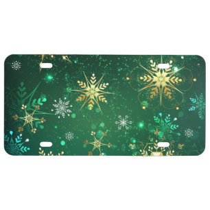 Xmas Golden Snowflakes on Green Background License Plate