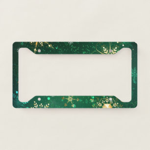 Xmas Golden Snowflakes on Green Background License Plate Frame