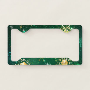 Xmas Golden Snowflakes on Green Background License Plate Frame