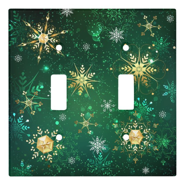 Xmas Golden Snowflakes on Green Background Light Switch Cover (Front)