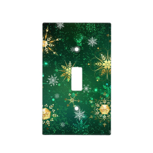 Xmas Golden Snowflakes on Green Background Light Switch Cover