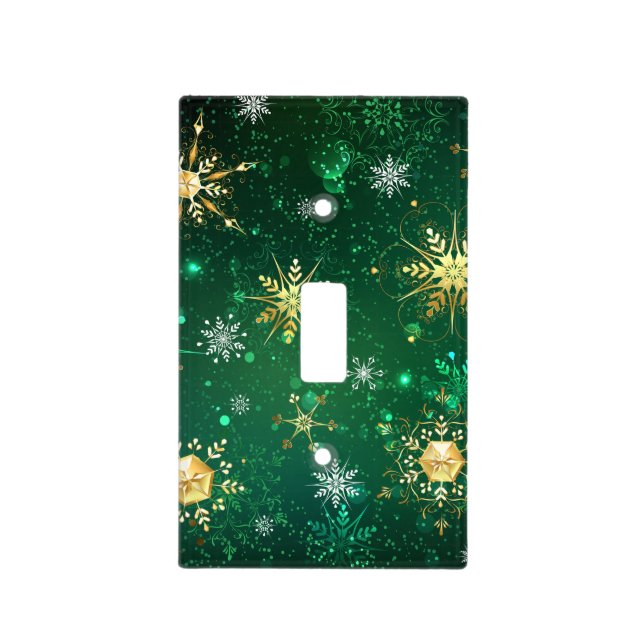 Xmas Golden Snowflakes on Green Background Light Switch Cover (Front)