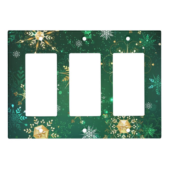 Xmas Golden Snowflakes on Green Background Light Switch Cover (Front)