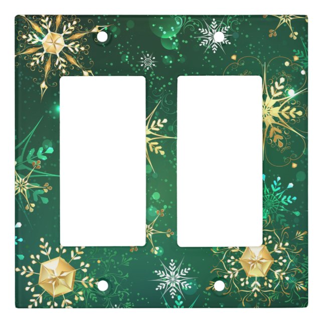 Xmas Golden Snowflakes on Green Background Light Switch Cover (Front)