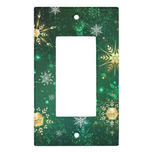 Xmas Golden Snowflakes on Green Background Light Switch Cover