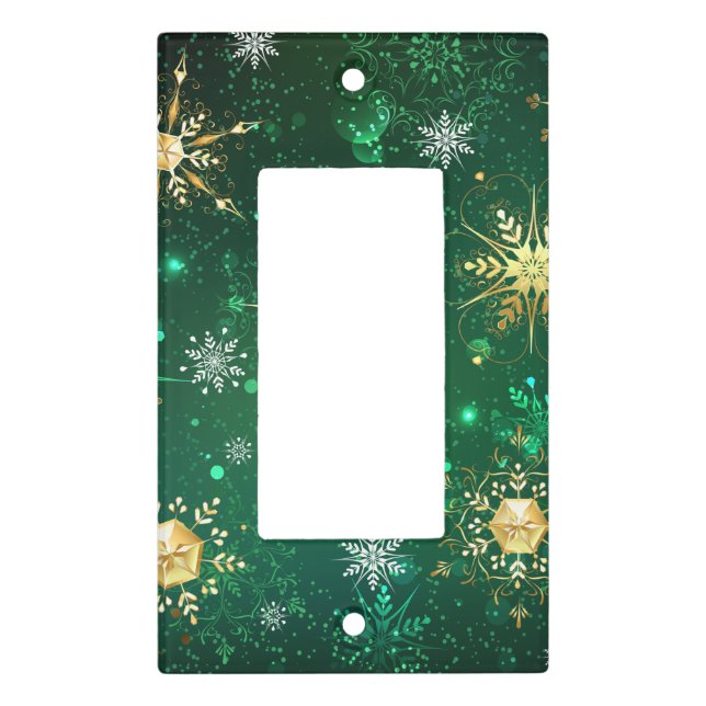 Xmas Golden Snowflakes on Green Background Light Switch Cover (Front)