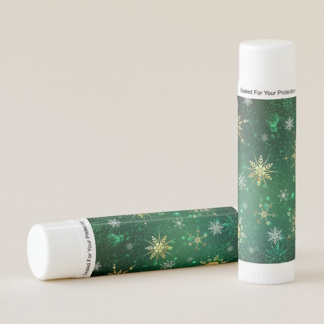 Xmas Golden Snowflakes on Green Background Lip Balm (Front)