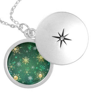 Xmas Golden Snowflakes On Green Background Locket Necklace by Blackmoon9 at Zazzle