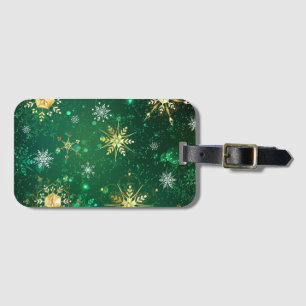 Xmas Golden Snowflakes on Green Background Luggage Tag