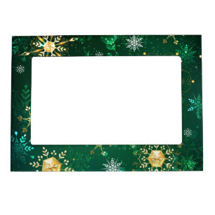 Xmas Golden Snowflakes on Green Background Magnetic Frame