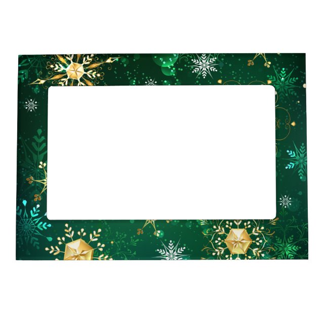 Xmas Golden Snowflakes on Green Background Magnetic Frame (Front)