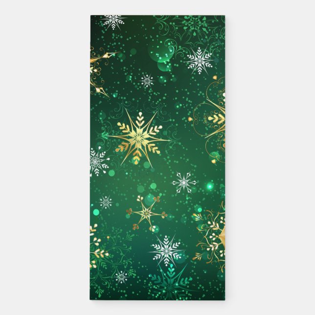 Xmas Golden Snowflakes on Green Background Magnetic Notepad (Front)