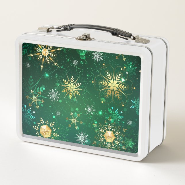 Xmas Golden Snowflakes on Green Background Metal Lunch Box (Front)