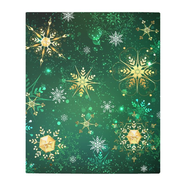 Xmas Golden Snowflakes on Green Background Metal Print (Front)