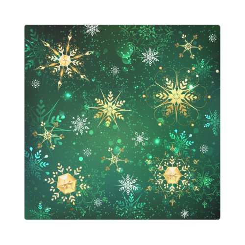 Xmas Golden Snowflakes on Green Background Metal Print