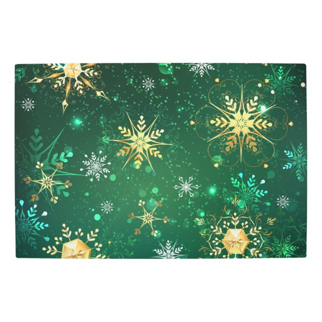 Xmas Golden Snowflakes on Green Background Metal Print (Front)
