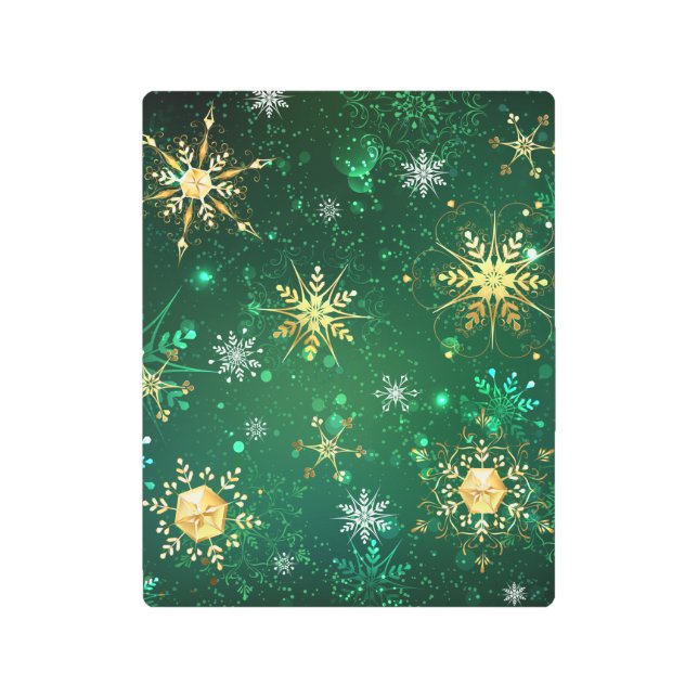 Xmas Golden Snowflakes on Green Background Metal Print (Front)