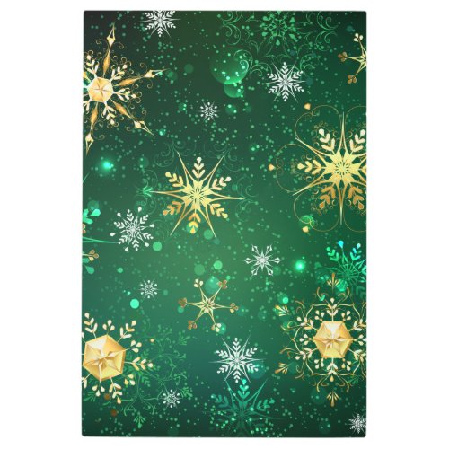 Xmas Golden Snowflakes on Green Background Metal Print