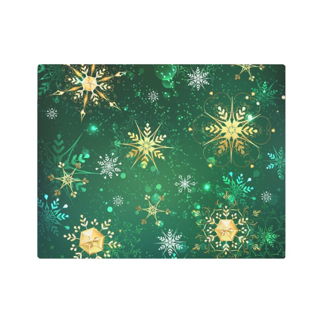 Xmas Golden Snowflakes on Green Background Metal Print (Front)