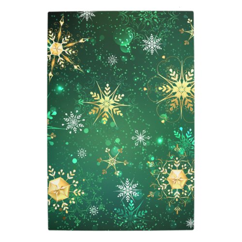 Xmas Golden Snowflakes on Green Background Metal Print