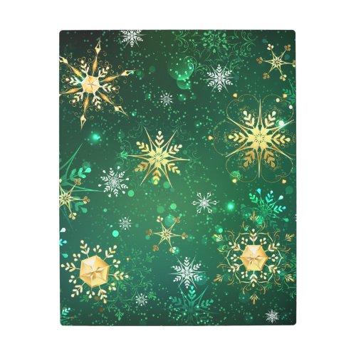 Xmas Golden Snowflakes on Green Background Metal Print